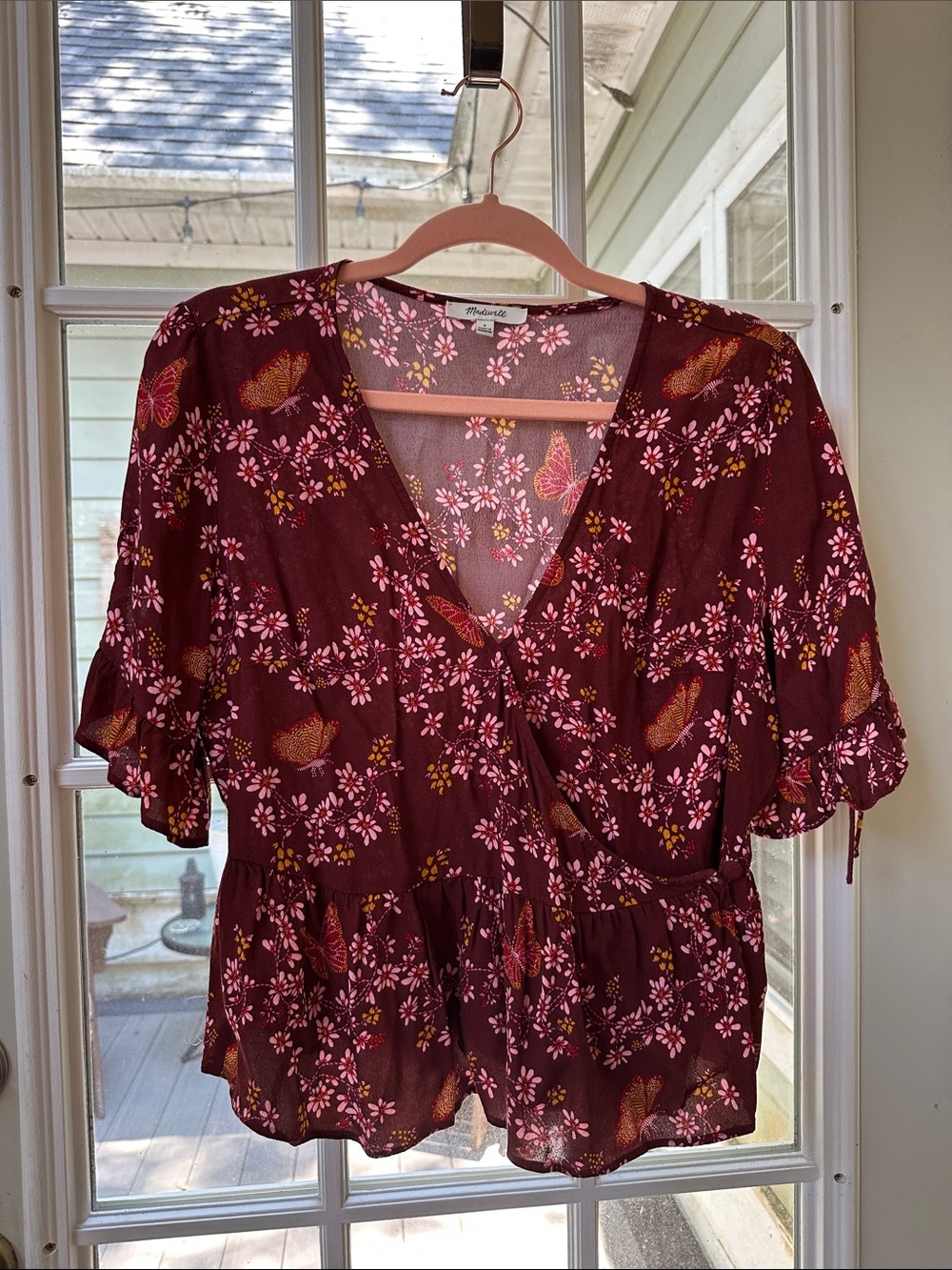 Maurices Burgundy Floral Wrap Peplum Blouse